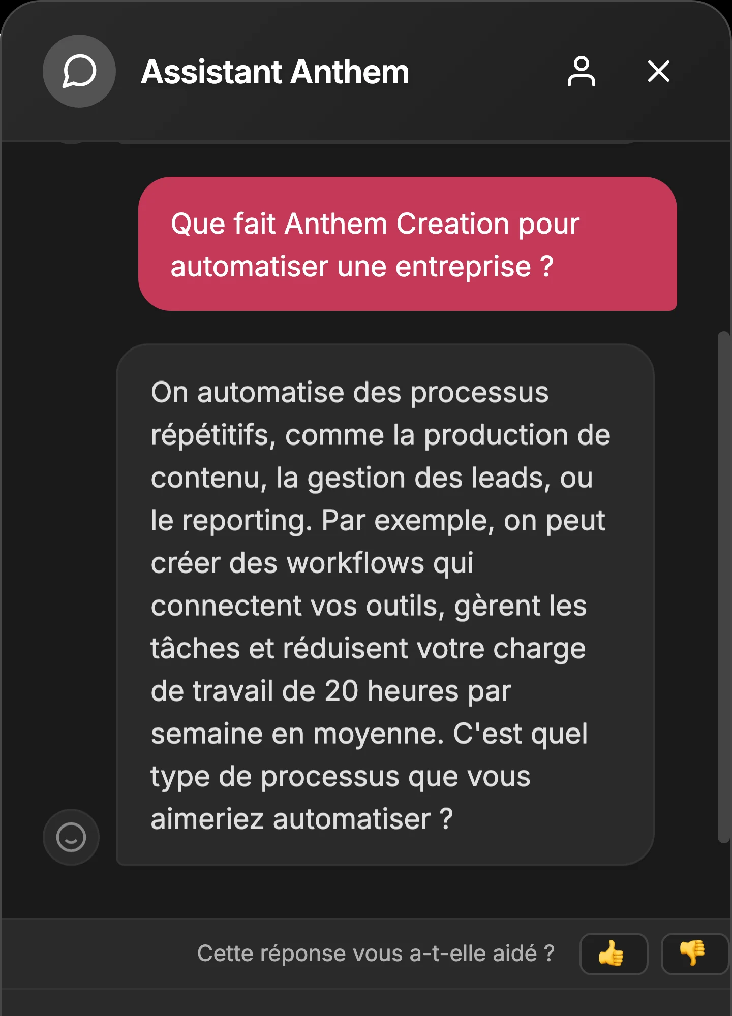 L'assistant ouvert sur anthemcreation.com : la question d'un visiteur sur ce que fait l'agence, et la réponse rédigée à partir des pages du site.