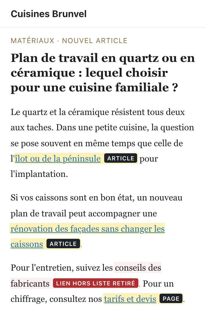 Le nouvel article et ses liens surlignés : deux vers des articles du blog, un vers la page Tarifs et devis, et un lien extérieur retiré.