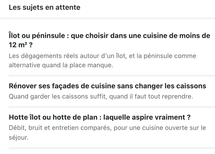Les sujets en attente : trois sujets trouvés par Content Lab, chacun avec son titre et son angle.