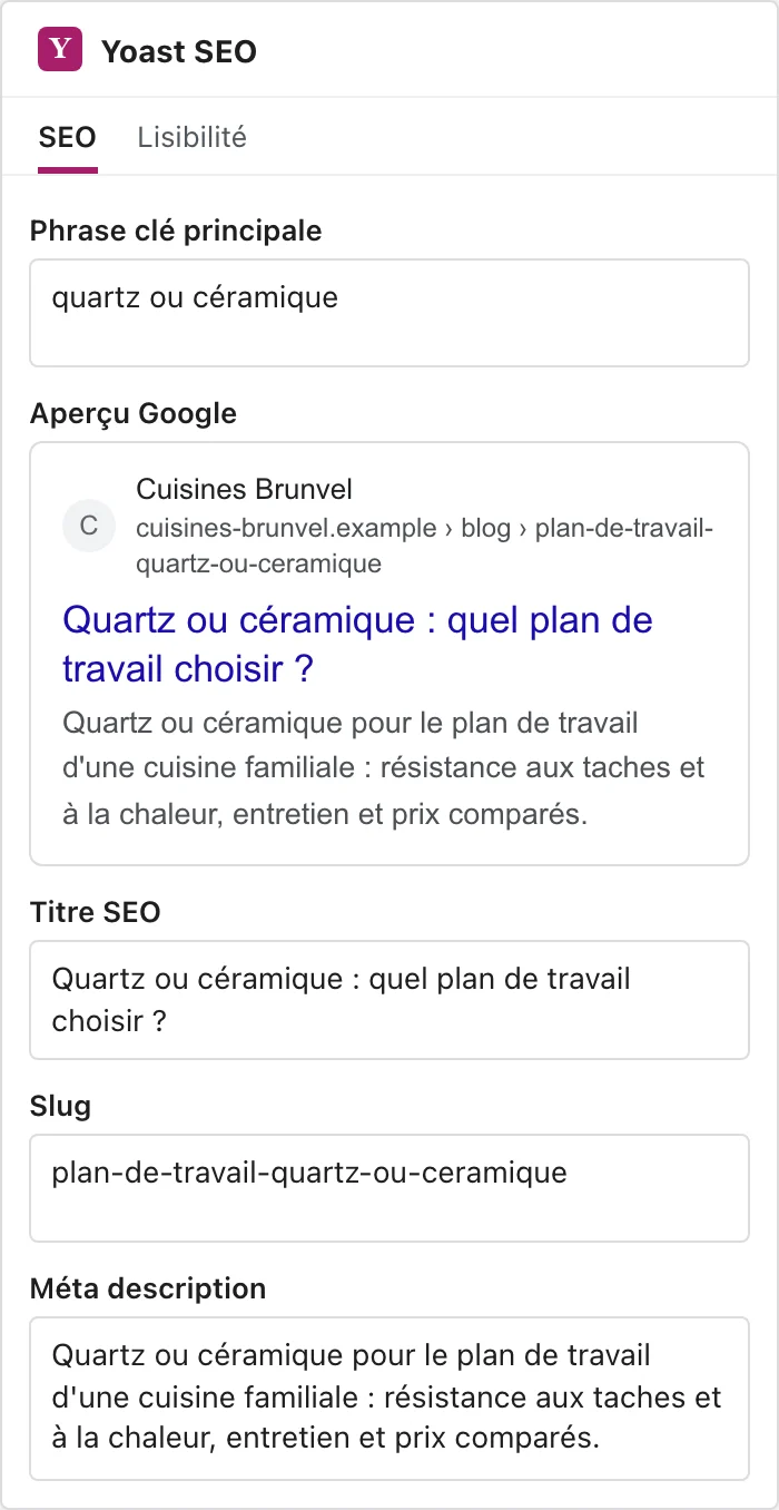 La boîte Yoast SEO de l'article : phrase clé principale, aperçu Google, titre SEO, slug et méta description remplis.