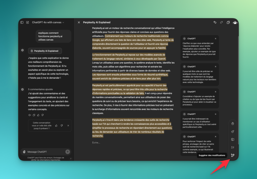 Chatgpt canvas la nouvelle interface pour rédiger et coder avec chatgpt suggérer des modifications