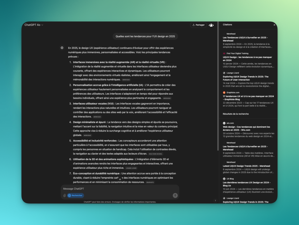 Chatgpt search va t il remplacer la recherche google ? interface resultats