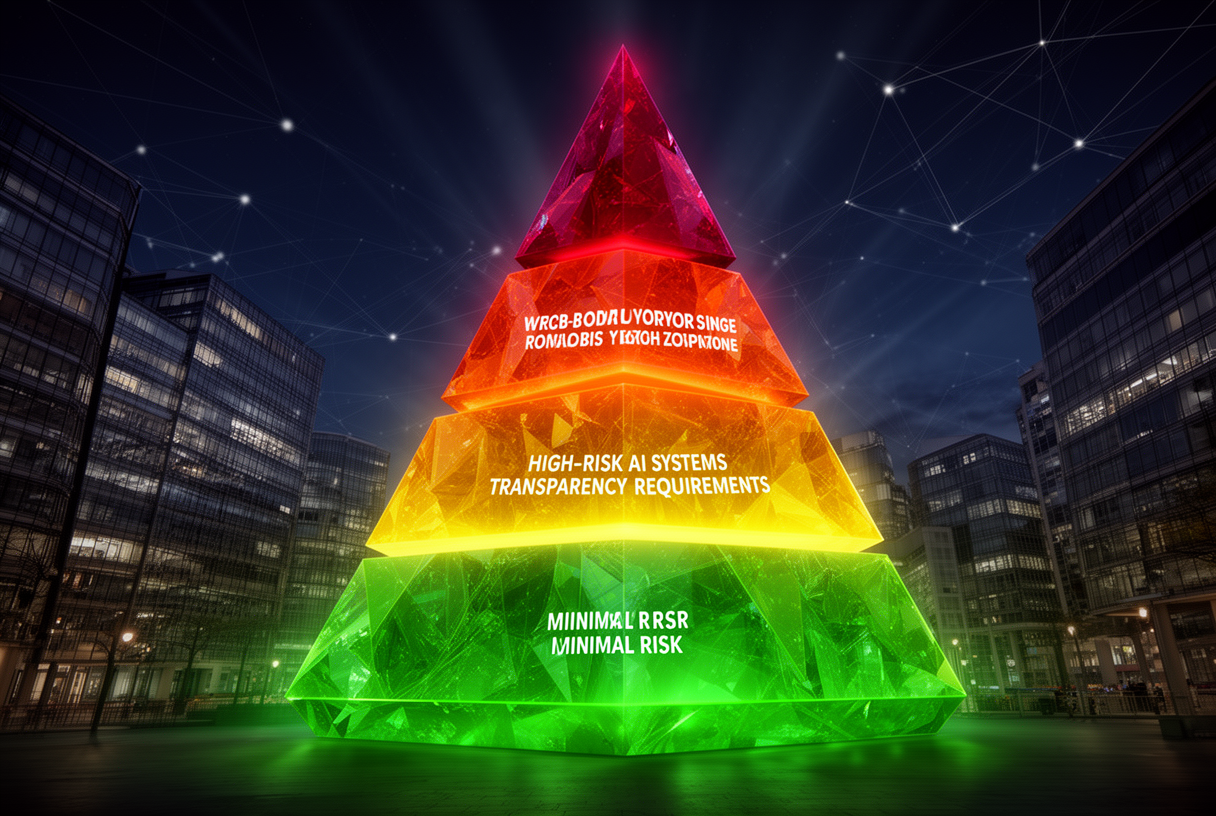 Pyramide à quatre niveaux de risque de l'AI Act : interdit, haut risque, transparence et risque minimal