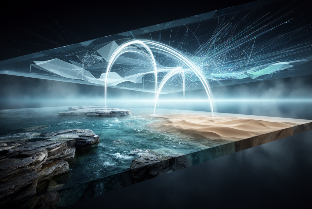 Deux plans parallèles cristallins représentant l'architecture JEPA d'AMI Labs : espace physique encodé en représentation abstraite par des arcs lumineux