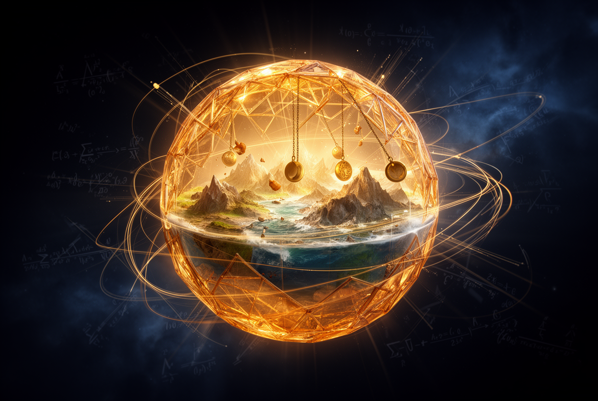 Sphère cristalline contenant un monde physique miniature avec des arcs de prédiction causale, représentant les world models d'AMI Labs et Yann LeCun