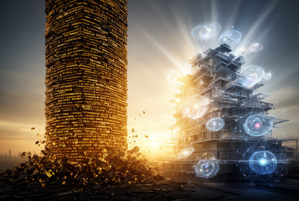 Tour de tokens en effondrement face à une structure montante de simulations physiques, illustrant le paradigme world models vs LLM selon Yann LeCun