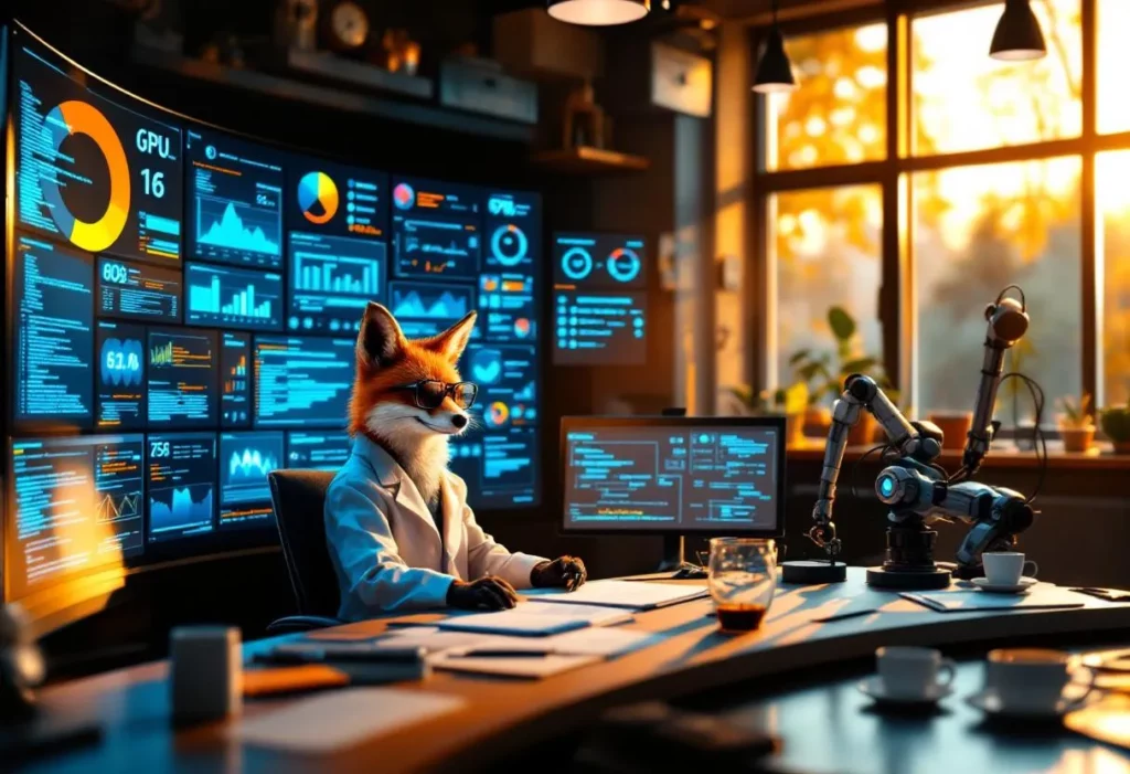 A fox scientist surrounded by holographic screens displaying code experiments and progress charts, illustrating the Autoresearch concept by Karpathy