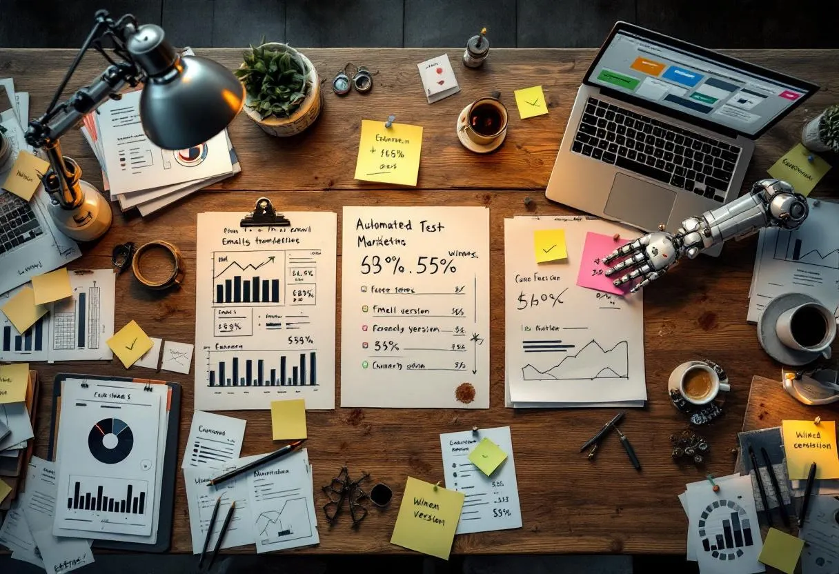 Table de travail créative mêlant templates marketing, graphiques de conversion et résultats de tests automatisés par IA, illustrant les applications business du Karpathy Loop