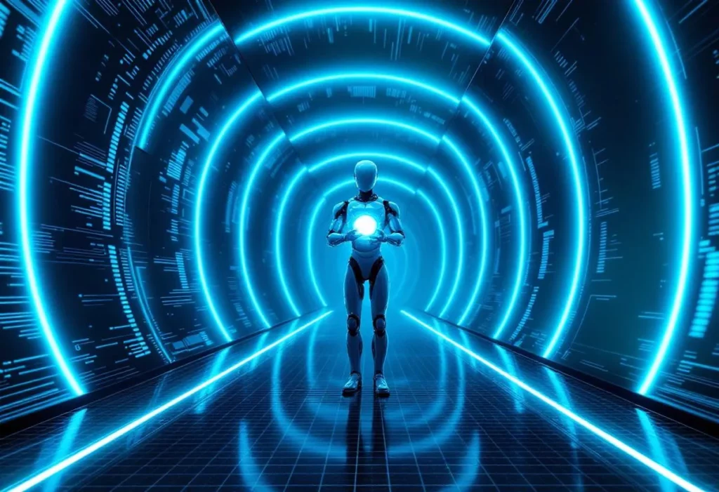 Robot humanoïde dans un couloir infini de miroirs reflétant des versions améliorées de lui-même, symbolisant la boucle d'auto-amélioration récursive d'Autoresearch