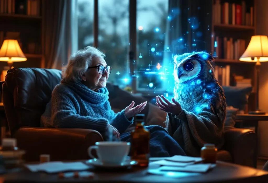 Personne âgée discutant de ses résultats médicaux avec un assistant IA holographique dans son salon, illustration de l'accessibilité de ChatGPT Health