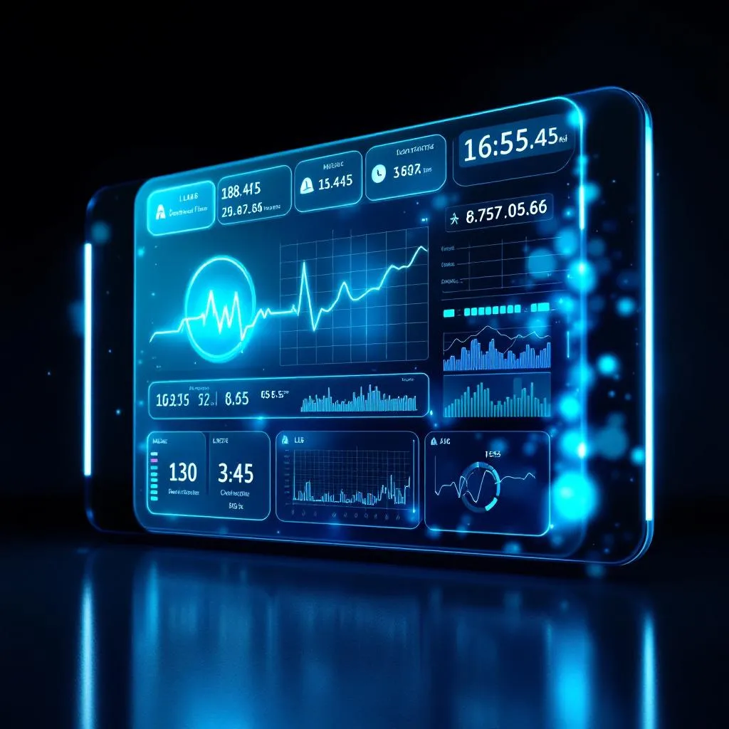 Interface dashboard de santé avec visualisations de données médicales, moniteur cardiaque et résultats de laboratoire sur écran lumineux