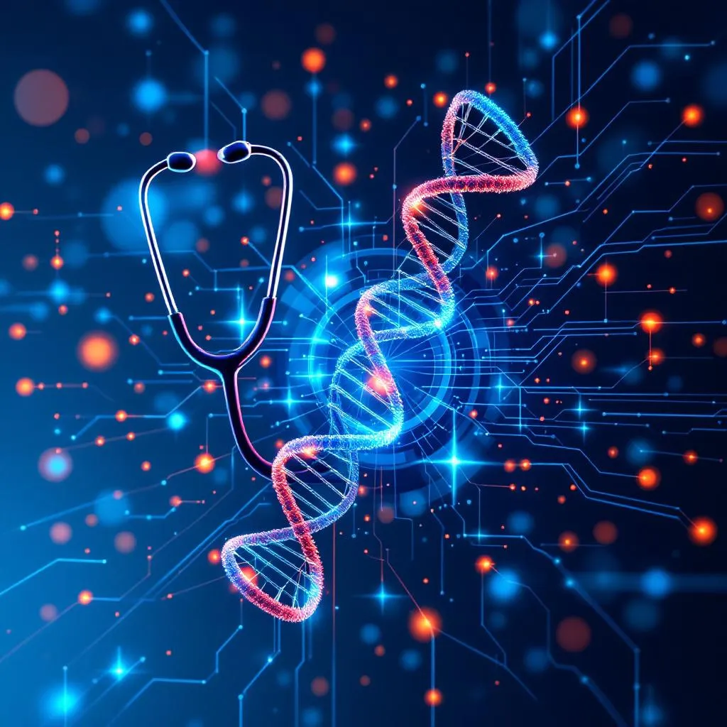 Réseau neuronal interconnecté avec icônes médicales, stéthoscope, hélice ADN et flux de données de santé sur fond bleu