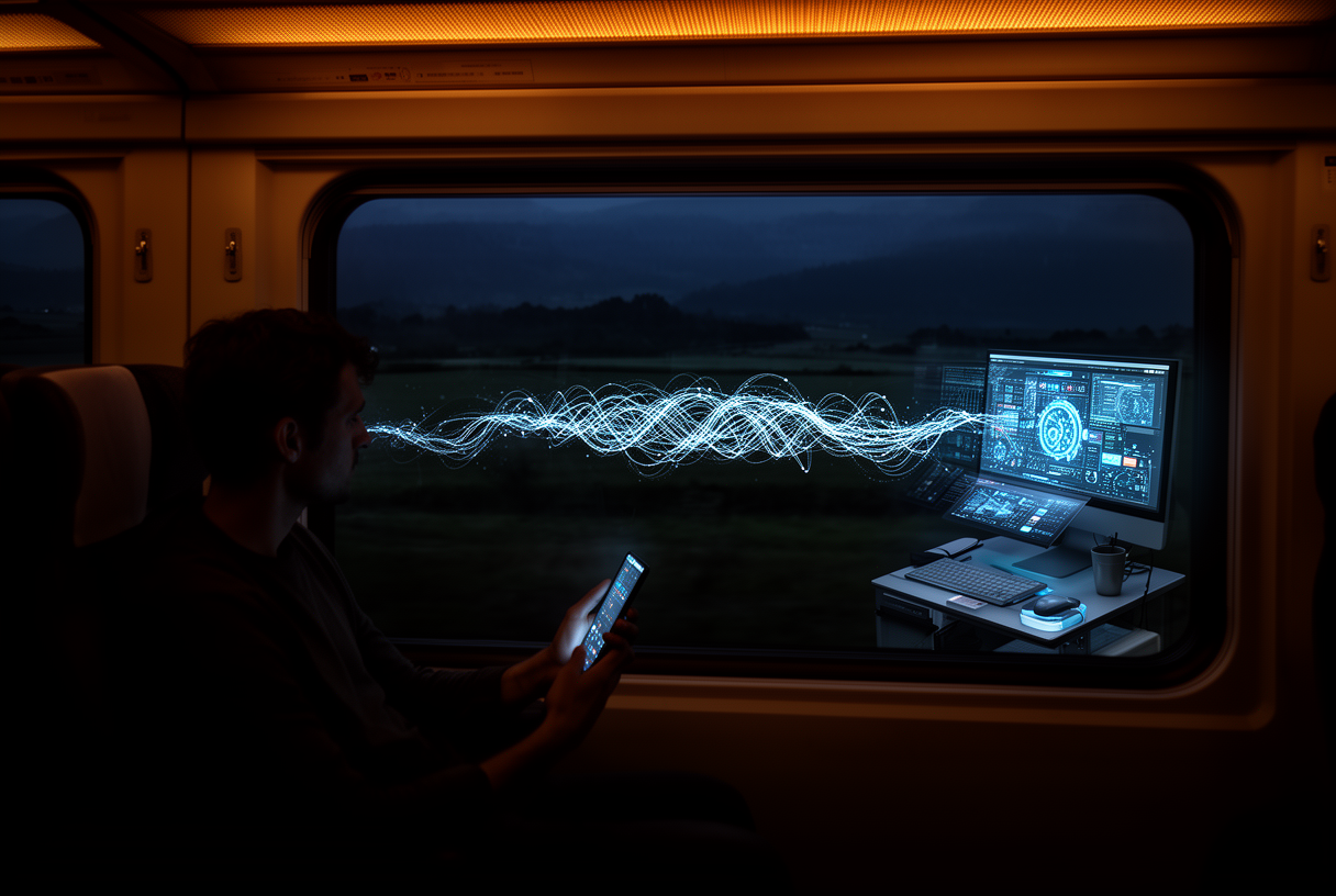 Silhouette on a night train controlling Claude Dispatch from a phone, illuminated office in the background