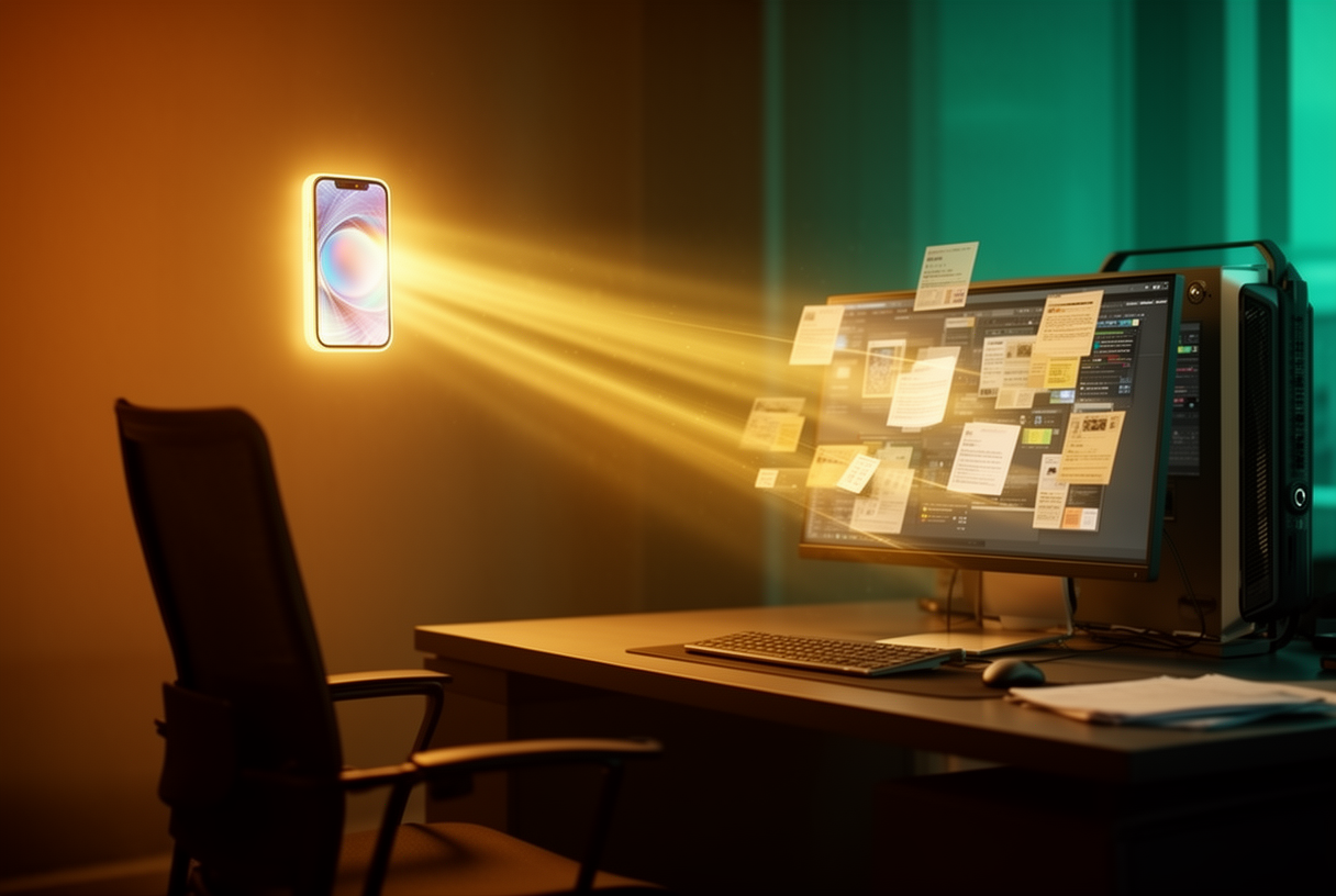 Smartphone projetant un faisceau lumineux vers un bureau connecté, illustrant Claude Dispatch qui contrôle Claude Cowork à distance