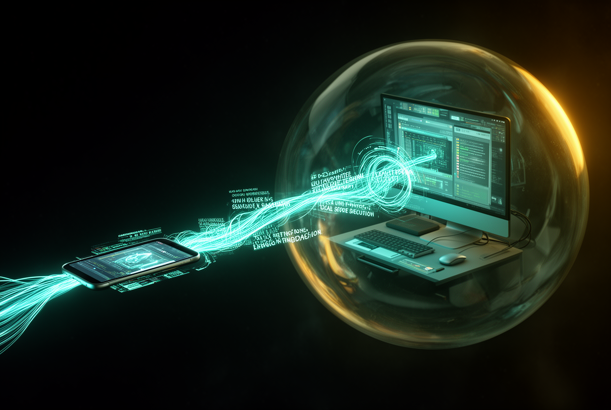 Cyan data thread connecting smartphone and computer inside a local protection sphere, Claude Dispatch architecture