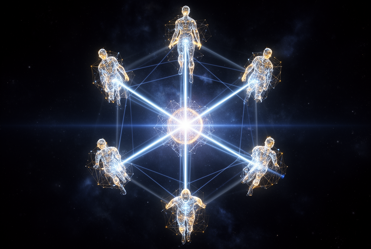 Cinq agents IA lumineux en formation pentagonale dans l'espace cosmique, métaphore de Claude Agent Teams