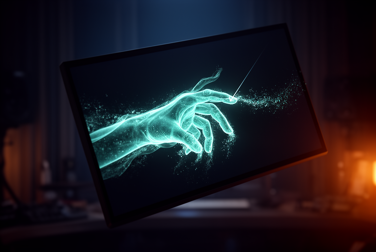 Main translucide lumineuse traversant un écran pour contrôler un curseur, métaphore de Claude Computer Use