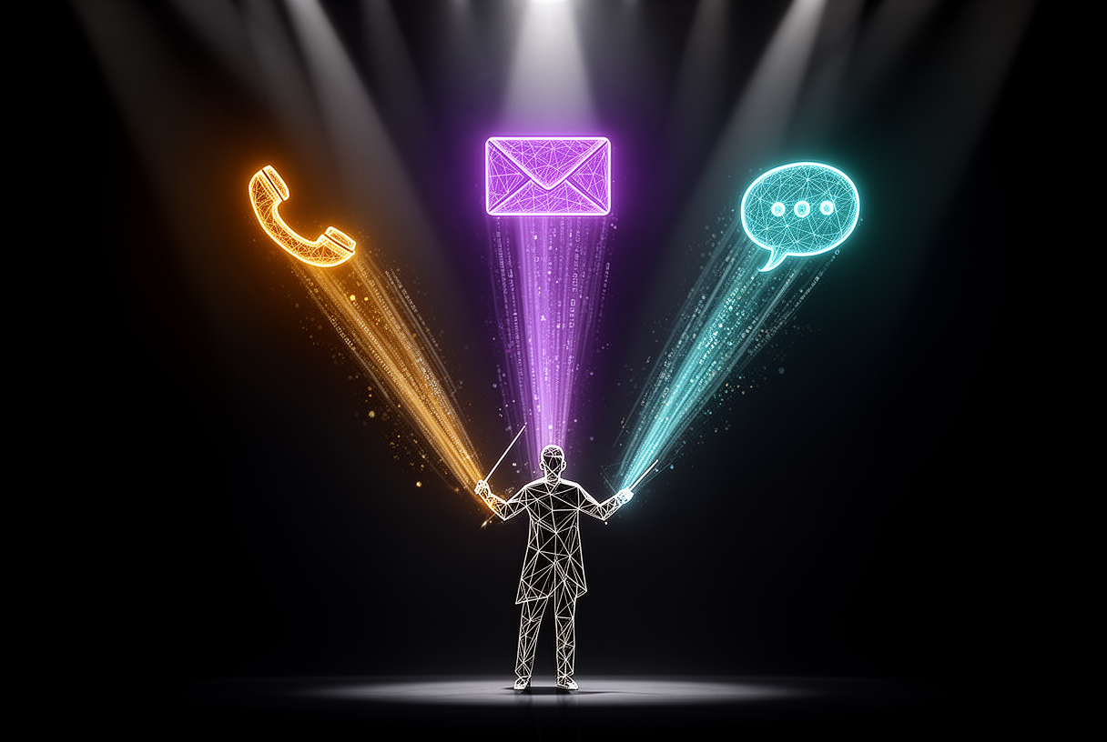 Silhouette géométrique de chef d'orchestre dirigeant des flux de communication colorés, métaphore de Claude Dispatch