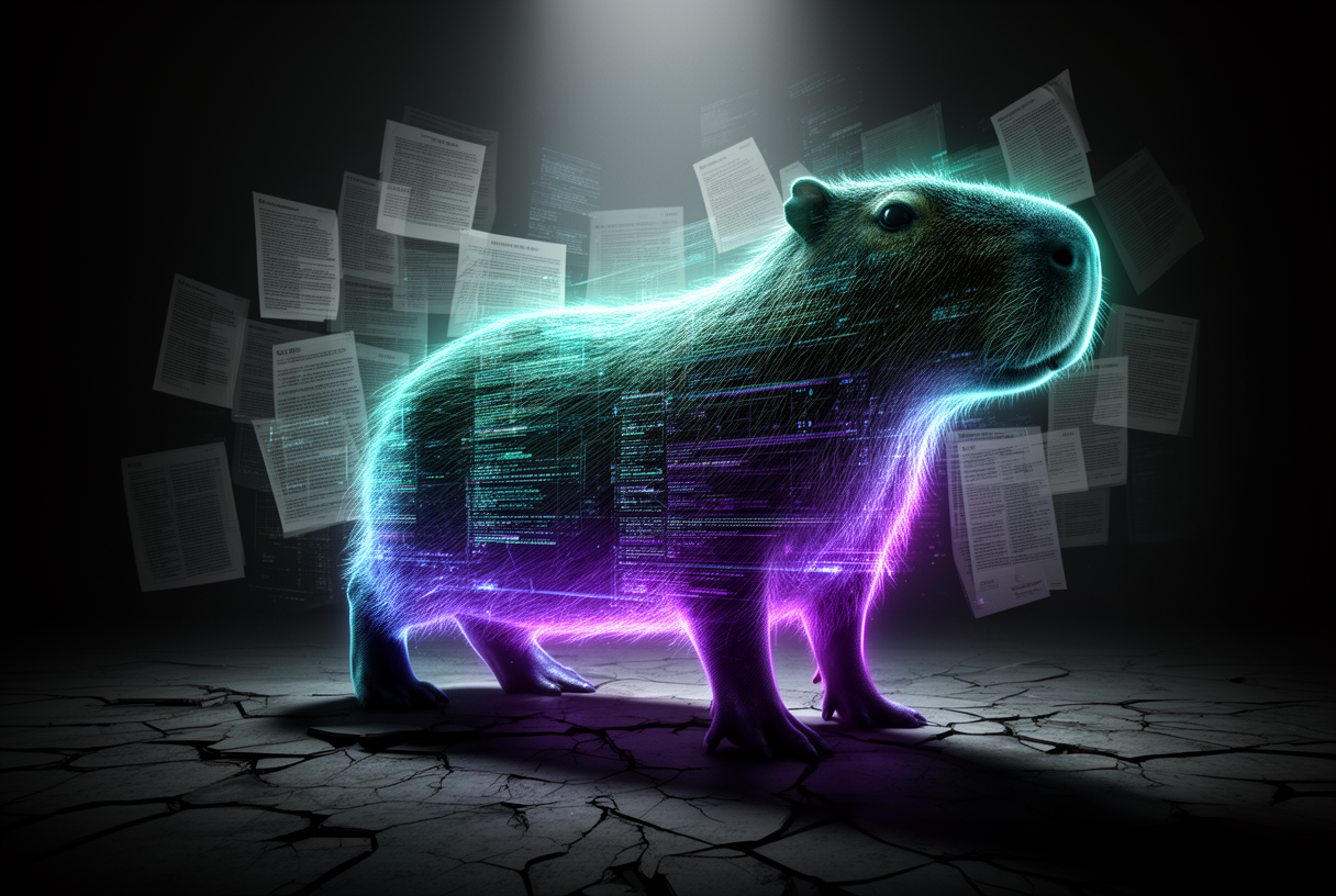 Silhouette stylisée d'un capybara entouré de flux de données holographiques, ambiance futuriste sombre — illustration du leak Capybara d'Anthropic