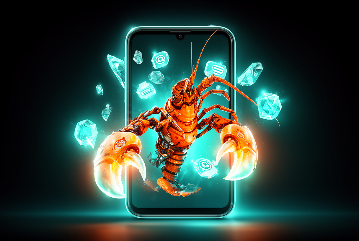 Homard mécanique stylisé avec pinces lumineuses dans un cadre smartphone, métaphore de ClawBot OpenClaw intégré à WeChat