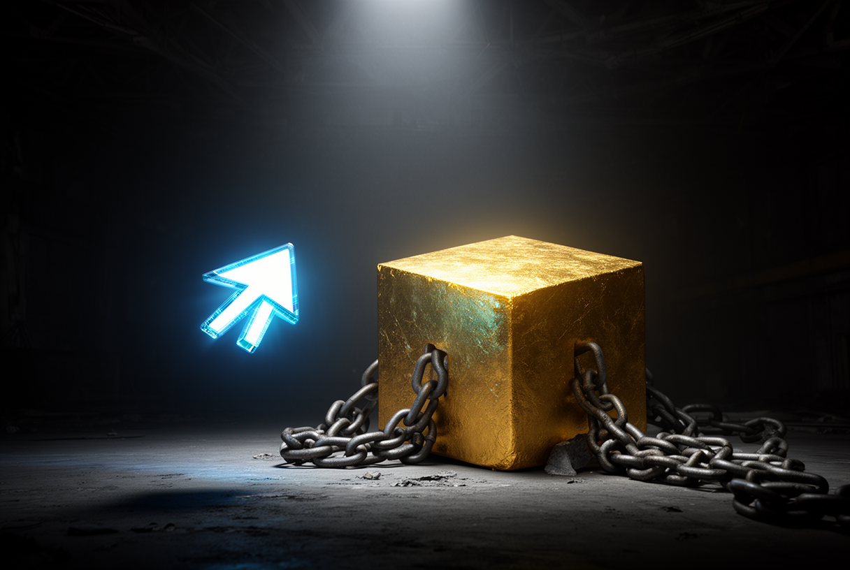 Small luminous cursor floating freely facing a massive gold cube in chains: a metaphor for Cursor Composer 2's economic advantage vs Claude Opus 4.6