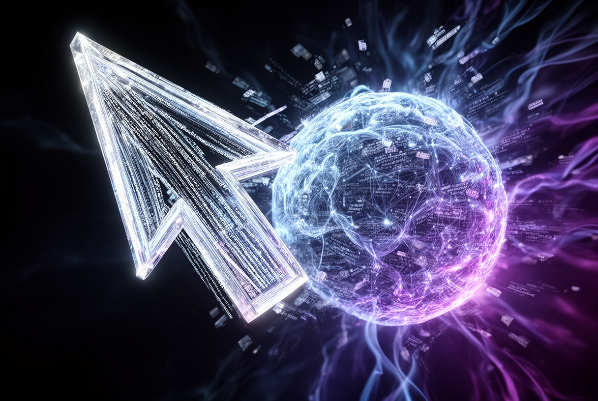 Curseur flèche lumineux composé de code cristallin sculpt une sphère neurale dans l'espace sombre — métaphore de Cursor Composer 2 créant son propre modèle IA