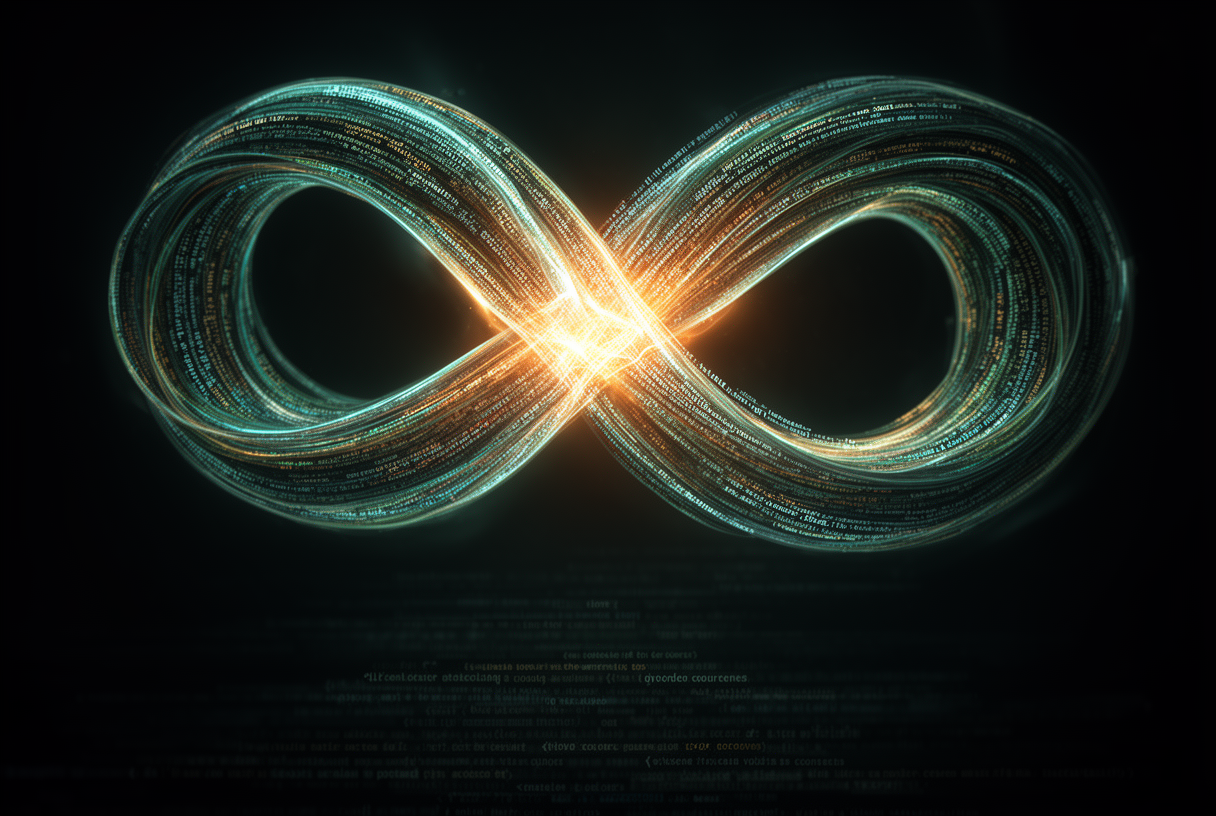 Ouroboros de code lumineux, métaphore de la self-summarization de Cursor Composer 2