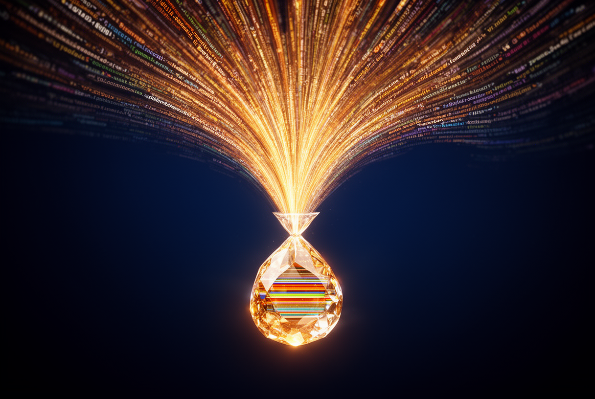 Cascade of code and data compressing into a compact luminous crystal: an illustration of Cursor Composer 2's self-summarization