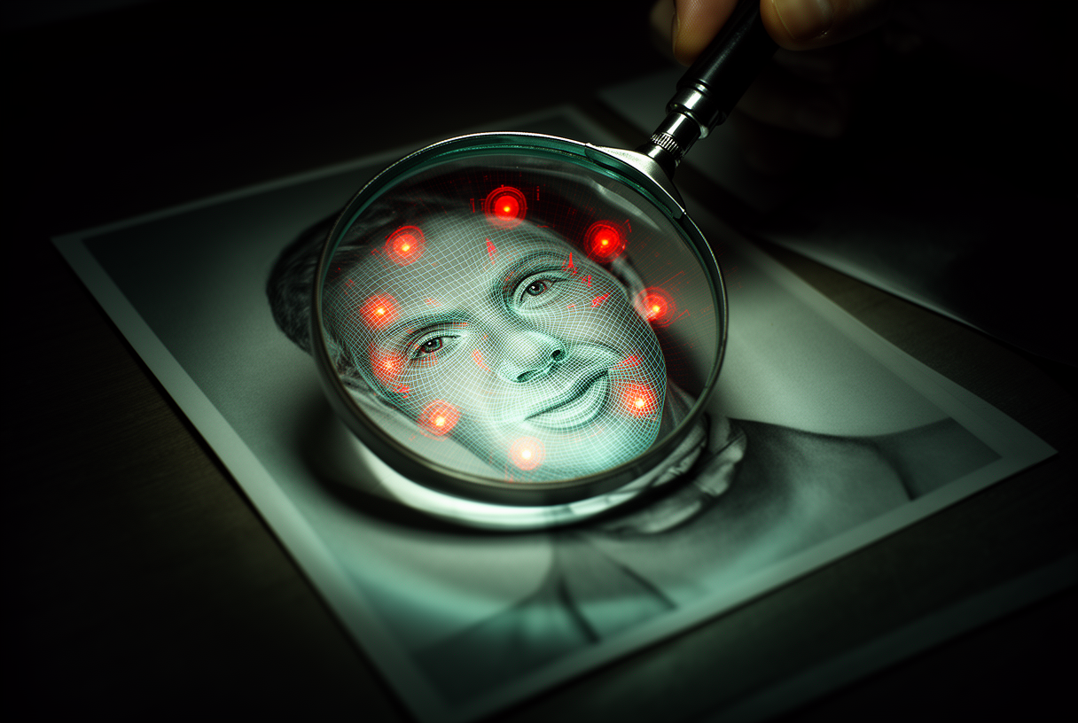 Loupe forensique révélant la grille numérique cachée sous un visage deepfake, avec zones de détection en rouge