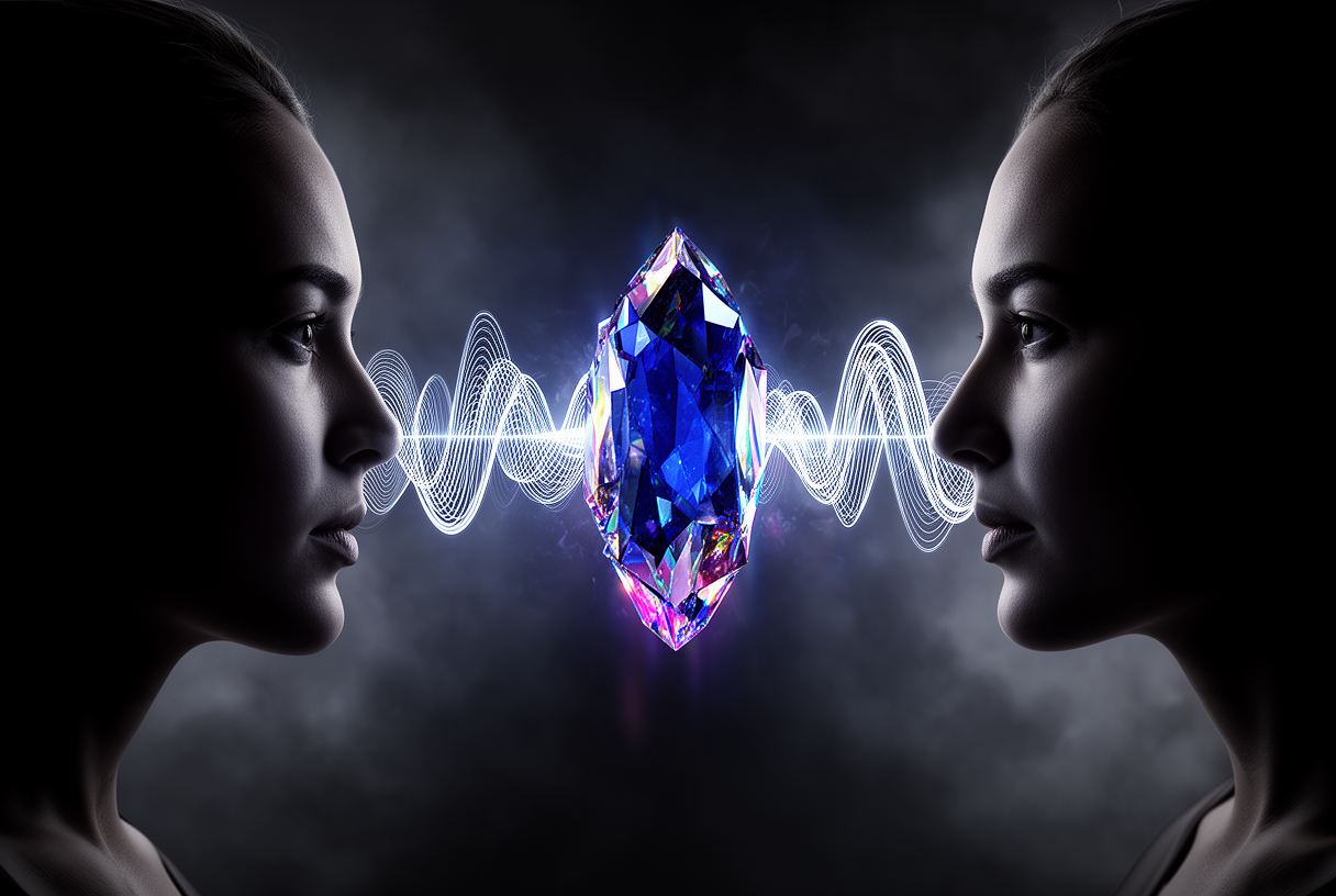 Deux silhouettes reliées par des ondes audio lumineuses et un cristal IA central, illustrant l'architecture audio-to-audio native de Gemini 3.1 Flash Live