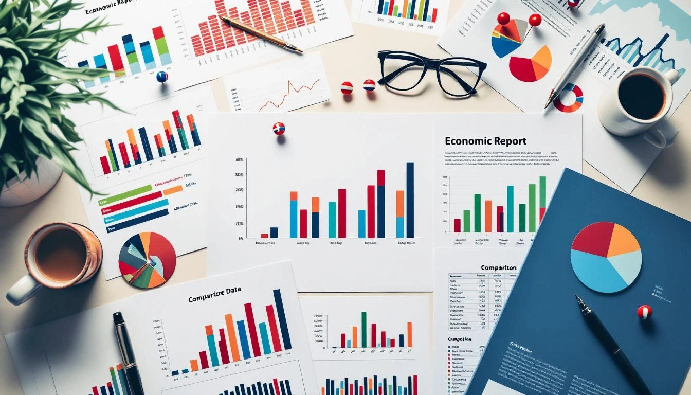 Vue aérienne d'un bureau couvert de rapports économiques, graphiques statistiques et données comparatives sur l'impact de l'IA sur l'emploi