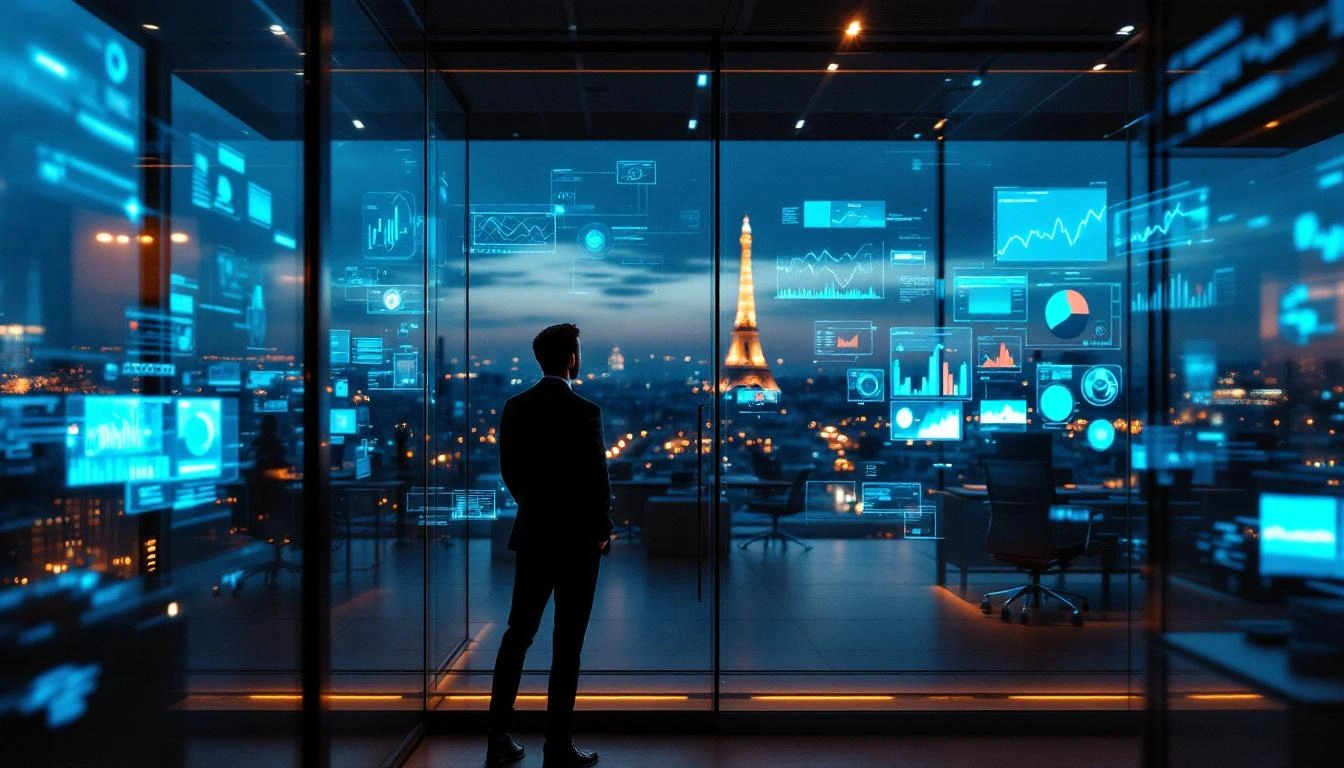 Professionnel dans un bureau parisien face à des écrans affichant des données IA, reflets de la ville dans la vitre au crépuscule