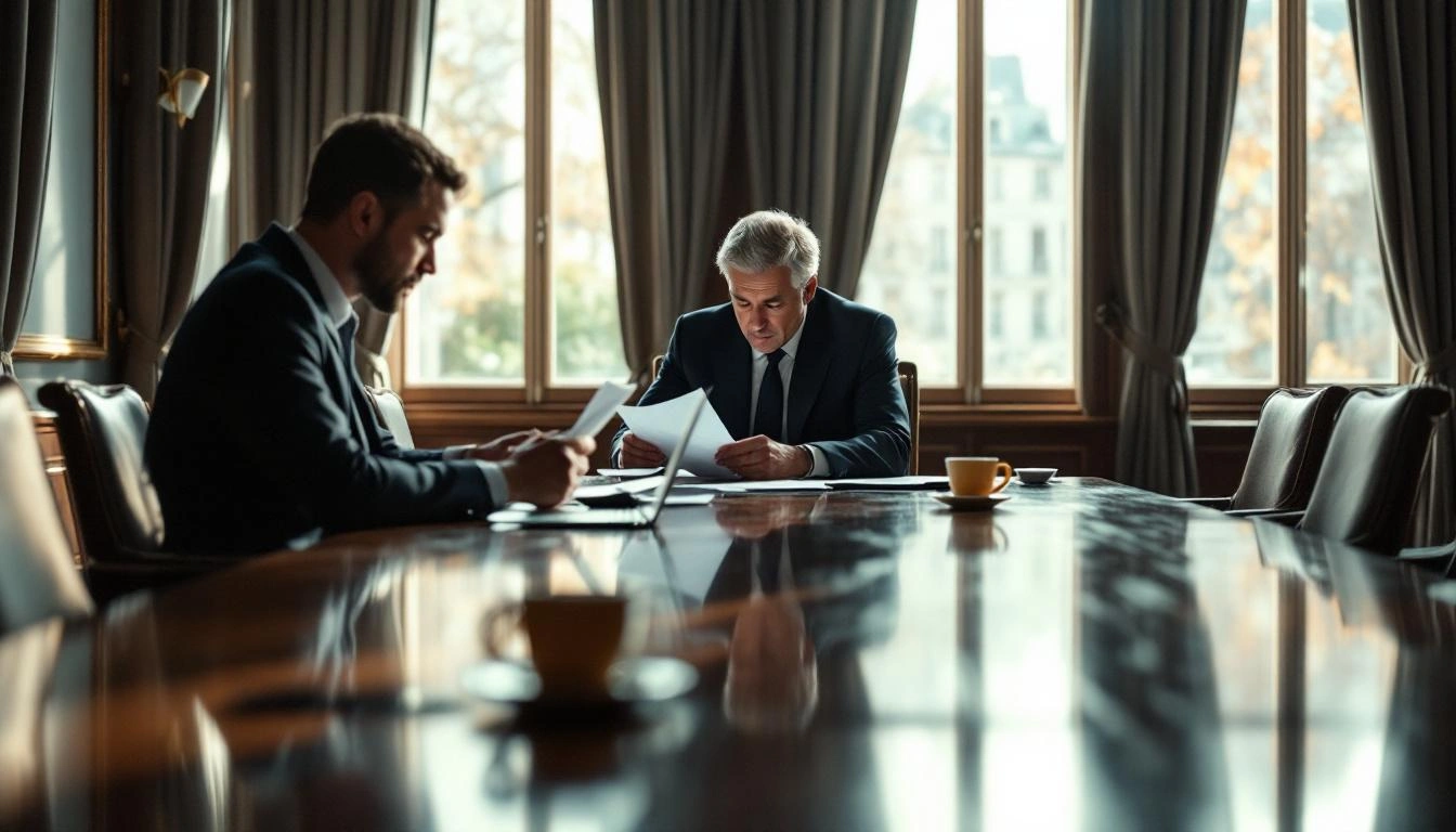 Cadre dirigeant seul dans une salle de réunion parisienne avec des chaises vides autour de la table, symbolisant les emplois qualifiés menacés par l'IA