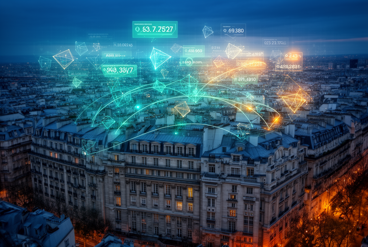 Vue aérienne d'immeubles haussmanniens parisiens traversés par une couche holographique de données IA — indicateurs de prix et scores de matching immobilier flottants