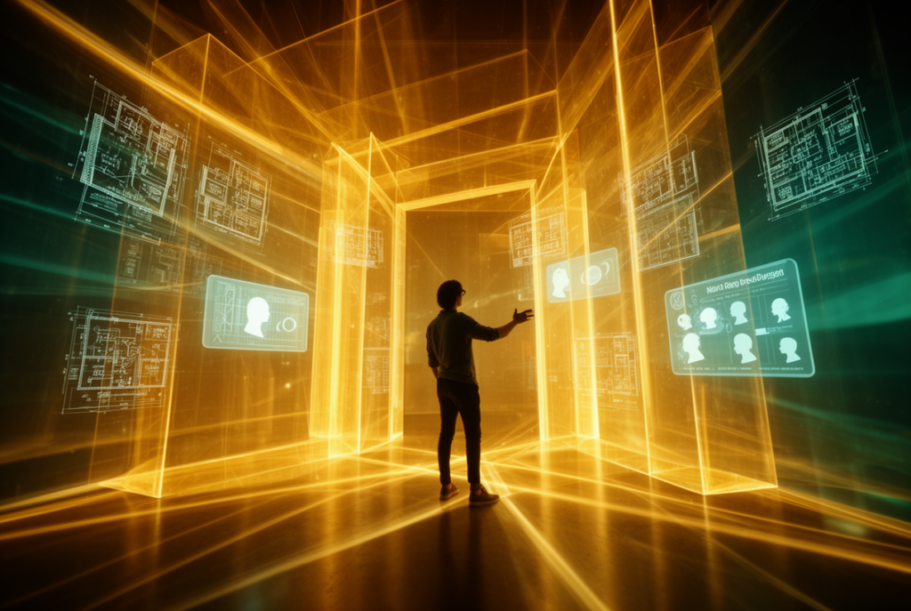 Personne navigant dans une projection architecturale lumineuse formée de plans géométriques translucides, profils acheteurs flottants, métaphore du virtual tour IA et matching immobilier