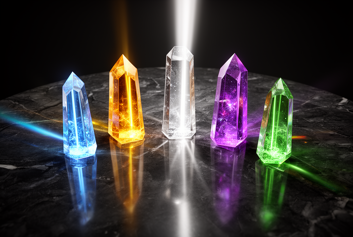 Cinq prismes cristallins de couleurs différentes réfractant un même rayon de lumière en spectres distincts — métaphore des cinq définitions concurrentes de l'intelligence artificielle générale