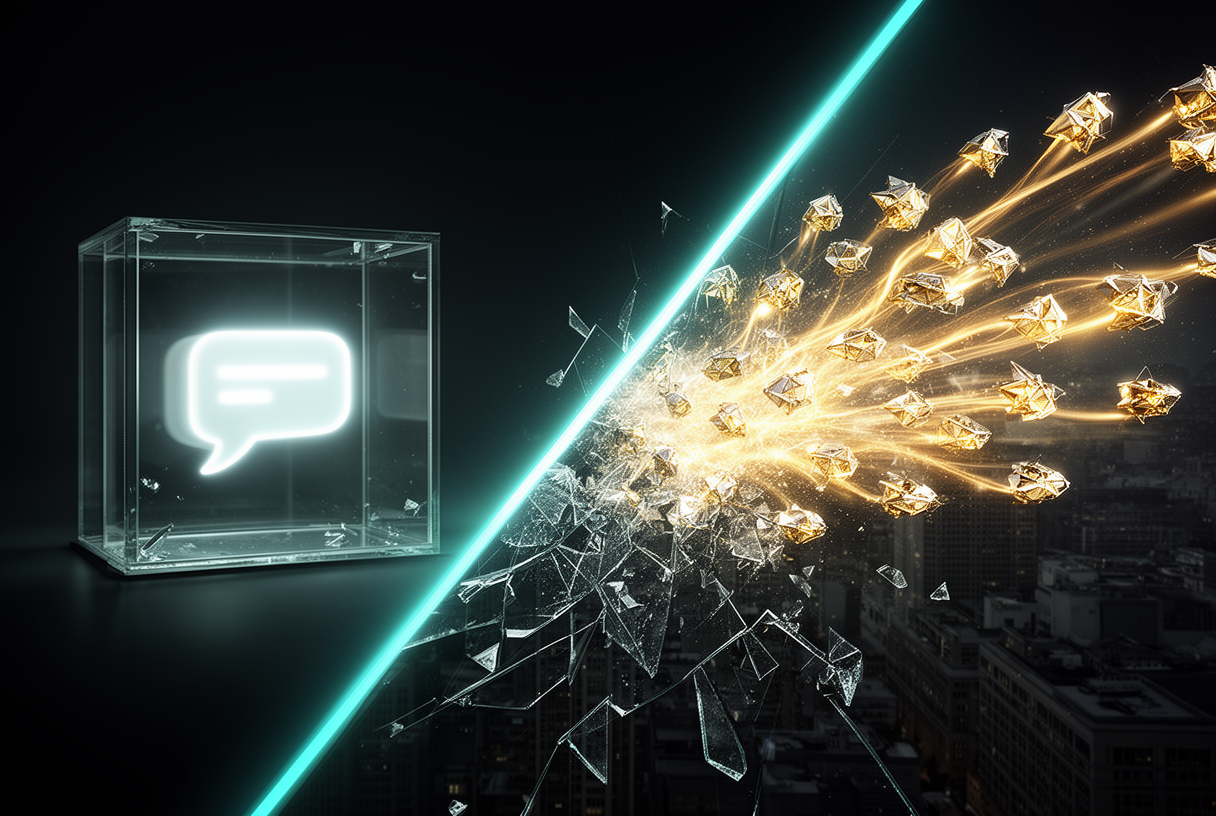 Composition divisée montrant une bulle de chat passive dans une boîte de verre à gauche et des drones géométriques autonomes s'échappant à droite — transition chatbots vers agents IA agentiques
