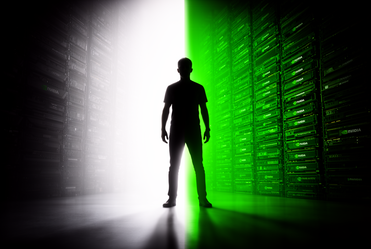 Silhouette d'un visionnaire tech au seuil de l'AGI, entre lumière et ombre, avec des puces GPU NVIDIA en arrière-plan