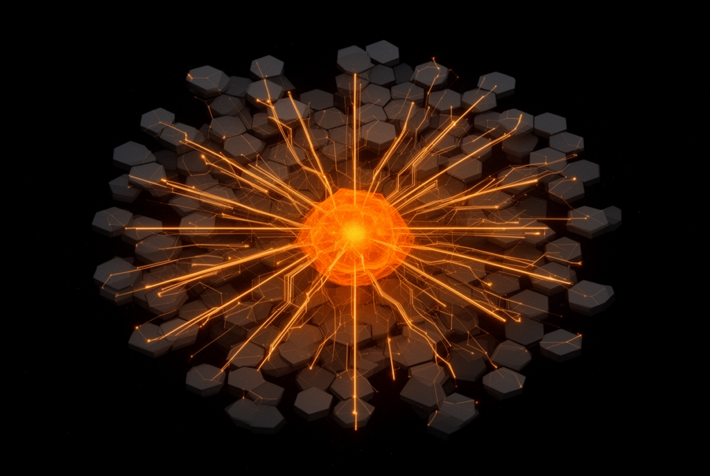Architecture Mixture-of-Experts de Mistral Small 4 : lattice hexagonale lumineux rayonnant depuis un nœud orange central sur fond noir