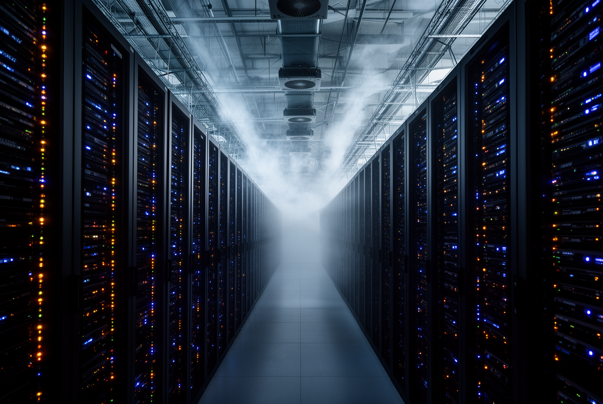 Corridor de data center hyperscale avec rangées de baies serveurs, infrastructure IA à grande échelle, Nvidia et Groq