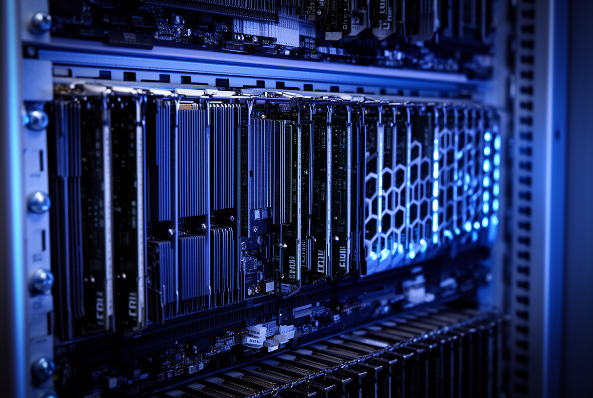 Baie de serveurs LPU spécialisés pour l'inférence IA, cartes accélératrices éclairées en bleu LED, architecture technique Groq