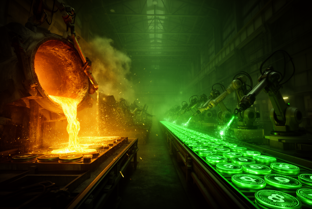 Forge industrielle massive produisant des tokens IA, métaphore des AI factories annoncées par Nvidia à la GTC 2026