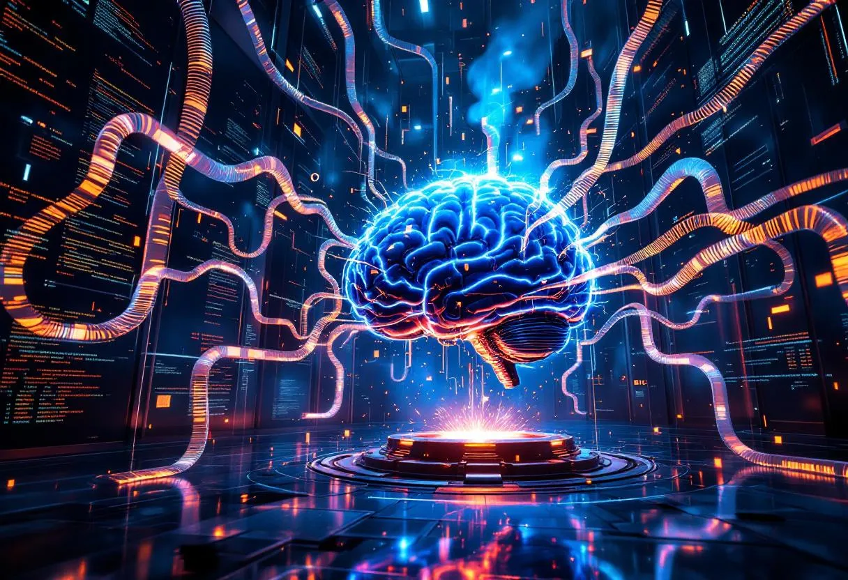 Architecture RAG visualisée : des flux de données convergent vers un modèle d'IA central pour générer des réponses fiables