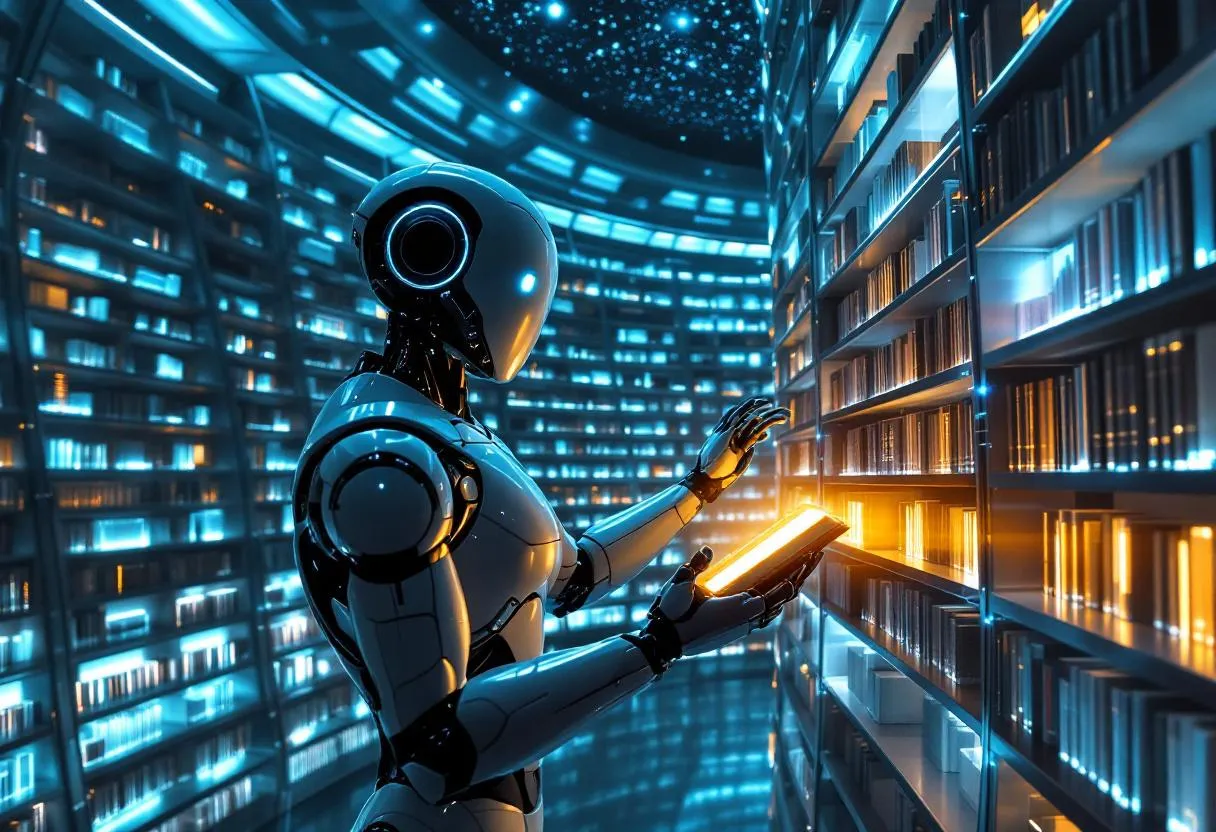Base de données vectorielle illustrée : un robot recherche l'information pertinente dans une bibliothèque futuriste