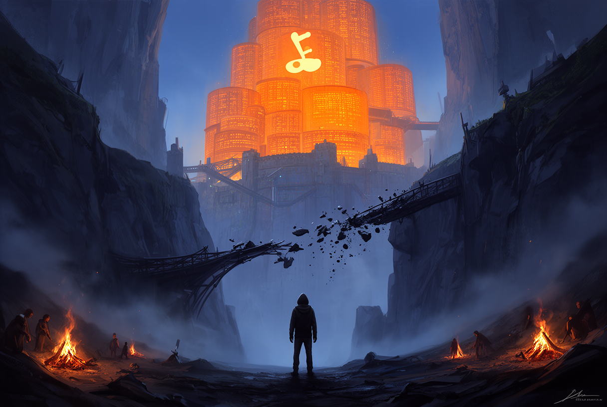 Silhouette de développeur au bord d'un canyon numérique face à une forteresse de données Reddit inaccessible, symbolisant l'impact sur l'open source IA