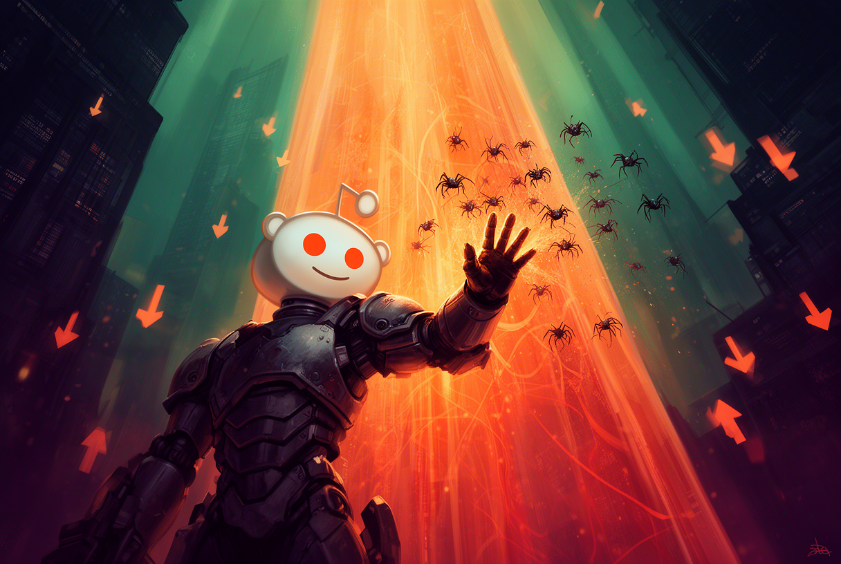 La mascotte Snoo de Reddit en gardien blindé devant un firewall lumineux bloquant des scrapers IA