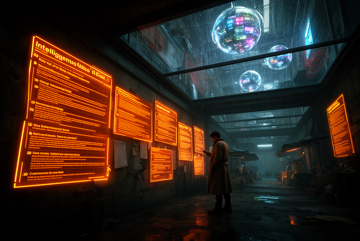 Marché souterrain cyberpunk avec des threads Reddit épinglés comme briefings d’intelligence, silhouette étudiant les fils de discussion — métaphore de la stratégie Reddit pour les réponses IA