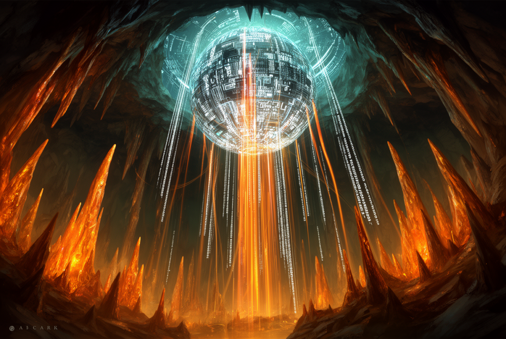 Caverne numérique souterraine avec des flux de données orangés remontant vers une sphère IA — métaphore du pipeline Reddit vers les LLM