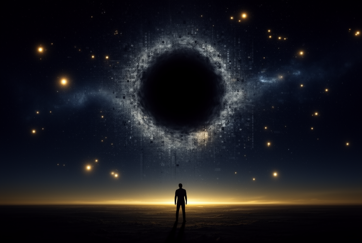 Silhouette contemplating an extinguished star in the night sky, a metaphor for Sora's end (sora means sky in Japanese)