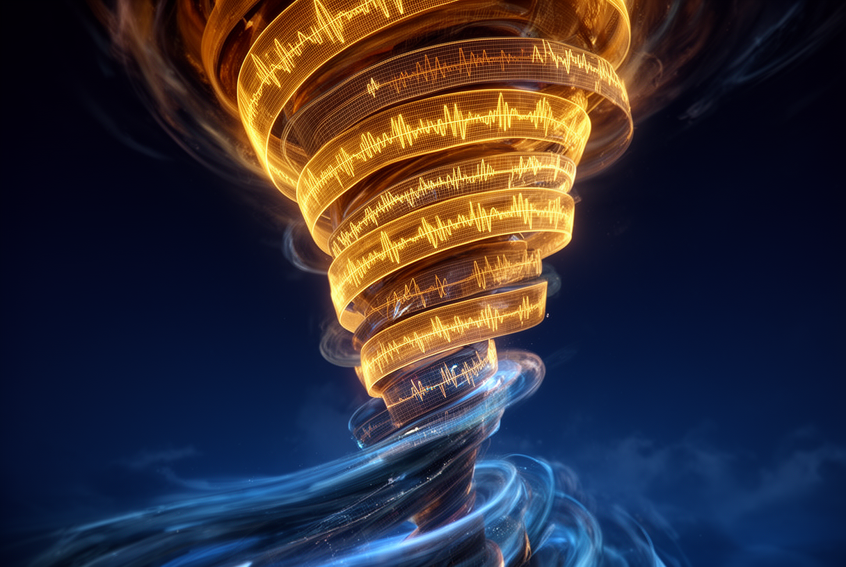 Vortex de fréquences vocales dorées évoquant le vent Mistral, illustration de la synthèse vocale Voxtral TTS par Mistral AI